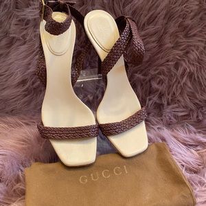 Gucci Brown Square Toe Braided Strap Heel Size 8